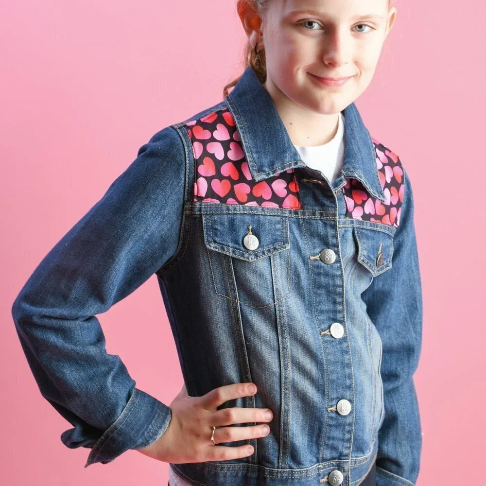Est 1989 denim jacket Girls 14 upcycled Hearts